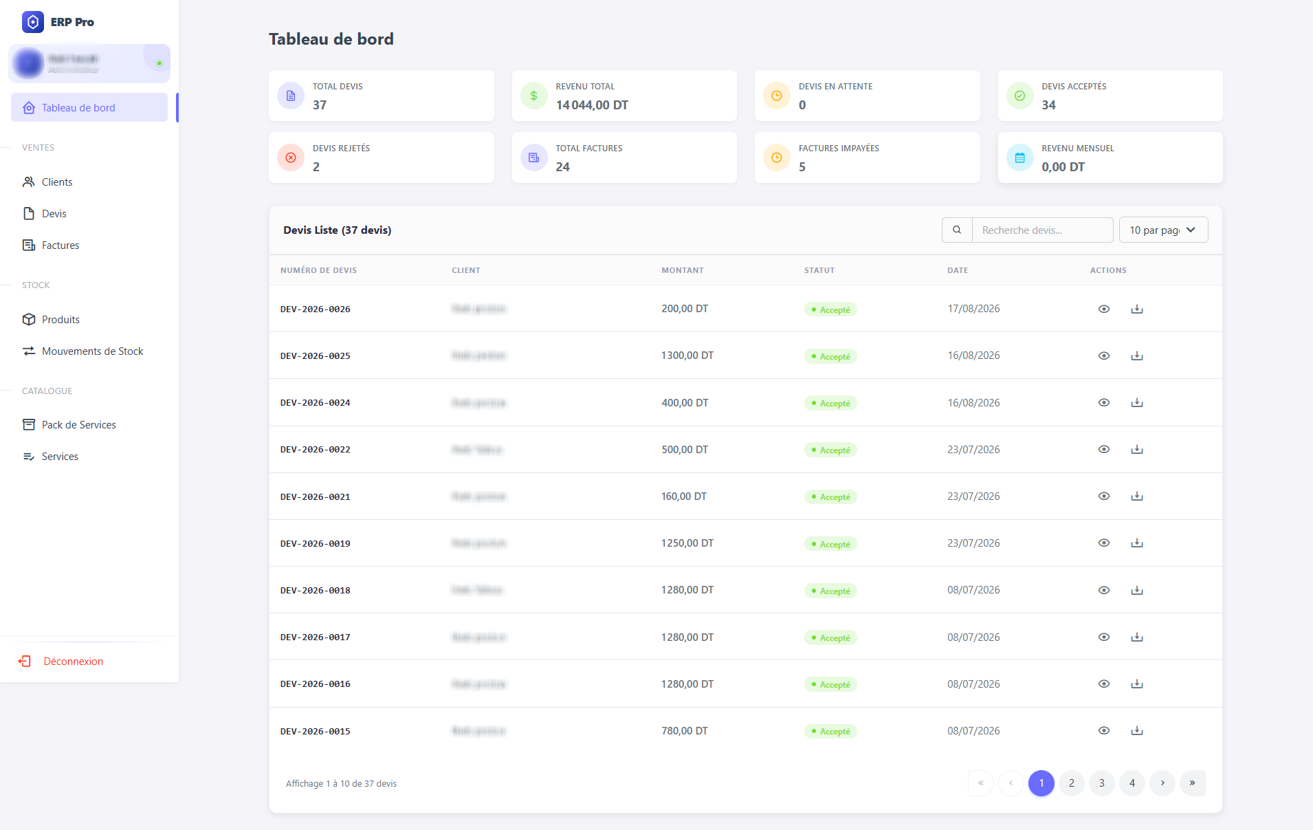 Écran de dashboard